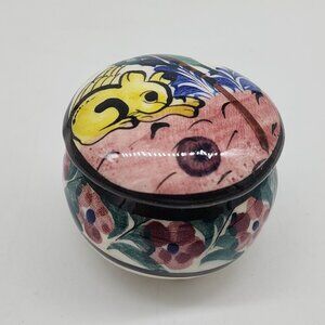 Mexican Hand Painted Ceramic Trinket Box Round With Floral & Rabbit 3" Diameter